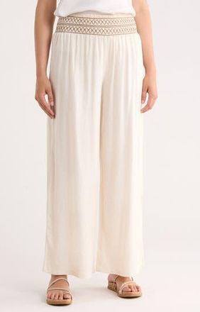 Bagatelle Smocked Waist Wide Leg Pants in Ivory/Brown at Nordstrom Rack, Size X-Large