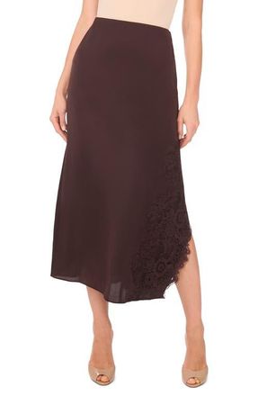 Vince Camuto Lace Detail Asymmetric Slip Skirt in Chocolate at Nordstrom, Size Large