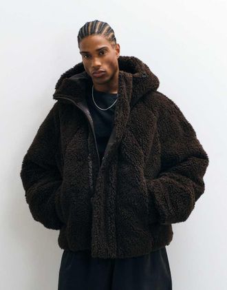 Asos Giacca oversize in pelliccia sintetica marrone con cappuccio