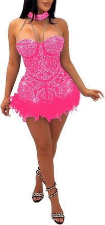 Generic Jumper Dress for Women UK Sexy Off Shoulder Slit Sequin Dress Women Fashion Elegant High Waist Sleeveless Dresses 2024 Midi Dress (Pink, M)