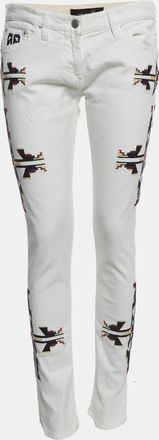 Isabel Marant White Geometric Embroidered Denim Slim Fit Jeans L/waist