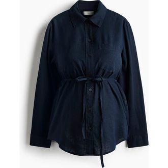 H&M Mama Linen-blend Shirt in Navy Blue at Nordstrom, Size Xx-Large