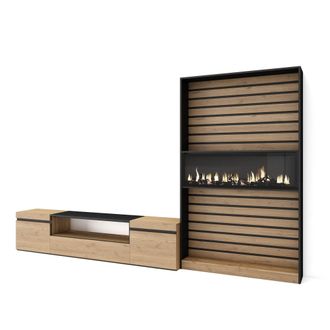 Skraut Home Skraut Home - Muebles De Sal&oacute;n Para Tv, Conjunto De Muebles Comedor, 310x186x35cm, Para Tv Hasta 80, Chimenea El&eacute;ctrica, Estilo Moderno, Roble Y Negro