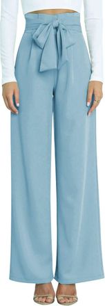 SHEKINI Womens Wide Leg Trousers Straight Pants with Pockets High Waisted Long Pants Casual Bottoms Loose Fit Palazzo with Removable Belt for Summer, Blue, M