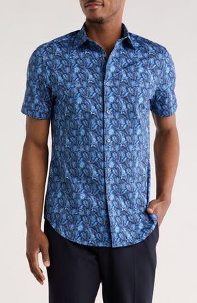 Bugatchi Print Short Sleeve Button-Up Shirt in Cobalt at Nordstrom Rack, Size Xxx-Large