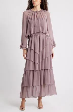 Chelsea28 Tiered Ruffle Chiffon Cape Dress in Mauve at Nordstrom, Size Xx-Small