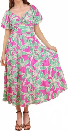 Very J Womens Kate Floral Puff Sleeve Cutout Midi Dress In Green Pink