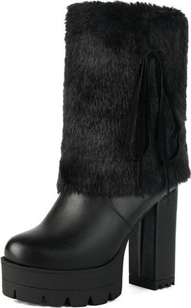 Generic Womens Lined Winter Boots with Block Heel, Fashionable Fur-Trimmed PU Leather Boots with Long Fur Collar Zippered Ankle Boots Warm Mid-Calf Snow Boots
