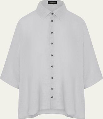 Eskandar Sloped Shoulder Wide A-Line Short Sleeve Shirt With Collar - Mid Length
