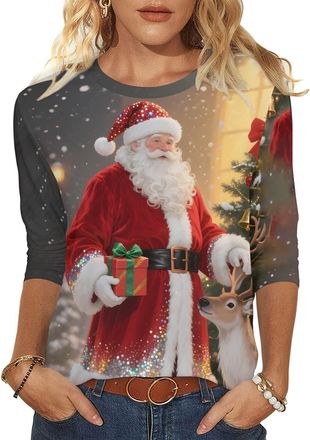 Generic Womens Christmas Tops Funny Christmas Print Shirt Three Quarter Round Neck Jumpers for Women Ugly Xmas Pullover Tops Plus Size Novelty Xmas Graphic Ov