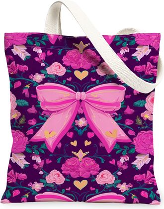 Generic Floral Bow Canvas Tote Bags, Flower Pattern Reusable Grocery Bags, Vintage Lightweight Washable Shoulder Strap Canvas for T, Violet, 13x15 Inch