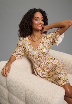 Laura Scott Sommerkleid LAURA SCOTT, Damen, Gr. 34, N-Gr, gelb, gebl&uuml;mt, Jersey, Obermaterial: 95% Viskose, 5% Elasthan, gebl&uuml;mt, figurumspielend mini, V-Ausschni