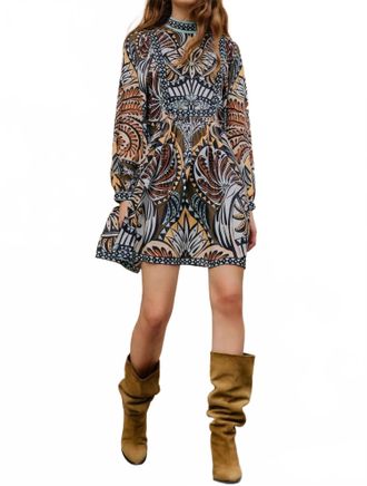Farm Rio Long Sleeve High Neck Flared Skirt Mini Dress In Multicolor