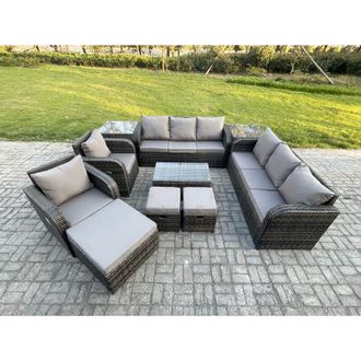 Fimous Rattan Outdoor Garden Furniture Sofa Set Patio Table & Chairs Set with 3 Seater Sofa Reclining Chair 3 Footstools 3 Seater Sofa 2 Side Tables Dark