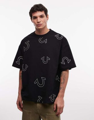 True Religion T-shirt oversize nero corvino con stampa del logo