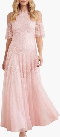 Needle & Thread Scallop Sequin Halter-Neck Ankle Gown in Seashell at Nordstrom, Size 12
