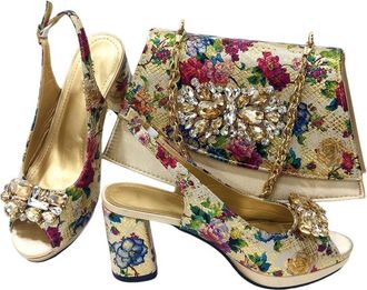 Generic Womens Sandals and Bags Matching Set Bigger Size Thick Heel Shoes Flowers Sparkly Rhinestone Decoration Gold