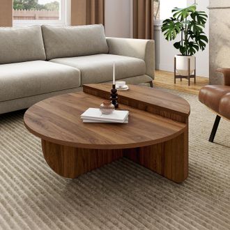 IDMarket Lote De 2 Mesas De Centro Redondas Asim&eacute;tricas Guilia 90 Cm Efecto Nogal