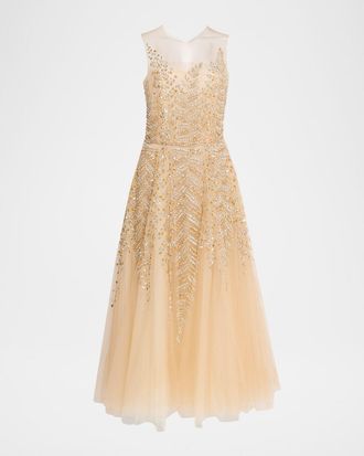 Oscar De La Renta Fern Embroidered Sleeveless Midi Illusion Dress