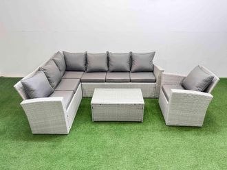 Fimous 7 Seater Garden Outdoor PE Rattan Furniture Set with Big Stool in Light Grey