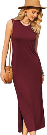 Zeagoo Womens Summer Maxi Beach Dress Casual Shirt Dresses Elegant Styles Basic Sleeveless Maxi Dresses for Women UK with Pockets Burgundy S