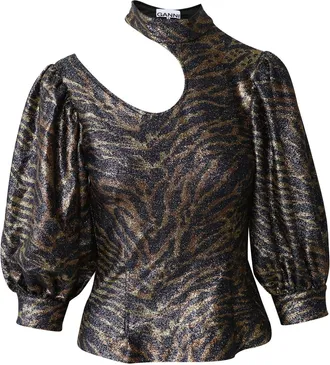 Ganni Ganni Tiger Print Puff Sleeve Lurex Knit Top in Multicolor Polyester