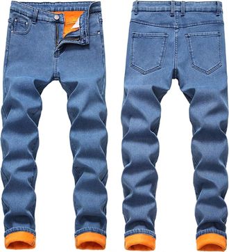 Generic Fleece Lined Jeans Men Winter Work Flannel Lined Jeans for Men Thermal Thicken Stretch Warm Denim Pants Thermal Trousers Winter Warm Thick Denim Pants