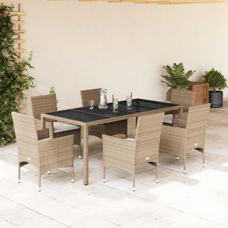 vidaXL Set Comedor Jard&iacute;n 7 Pzas Cojines Rat&aacute;n Sint&eacute;tico Vidrio Beige Vidaxl