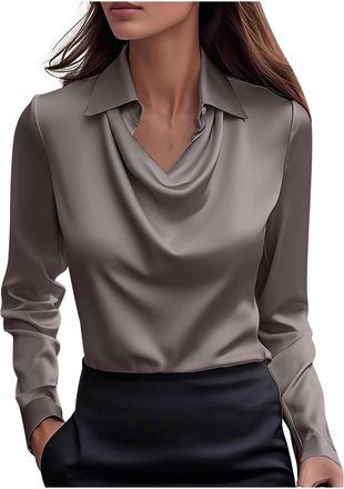 Generic Gray Satin Blouse for Women UK Elegant Cowl Neck Silk Party Tops Fashion Long Sleeve Office Work Shirts Casual Turndown Collar Tunic Shirt Streetwear 