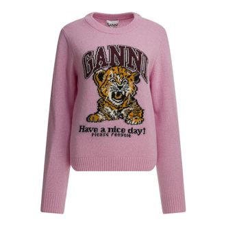 Ganni Round-neck Knitwear, female, Pink, Size: XS Graphic Wool Jumper
