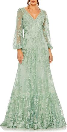 Mac Duggal V Neck Puff Sleeve A Line Embroidered Gown in Sage at Nordstrom, Size 22