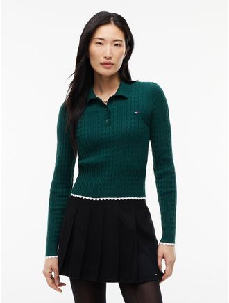 Tommy Hilfiger Womens Tommy Jeans Mini Cable Knit Sweater Polo - Elegant Green - XL