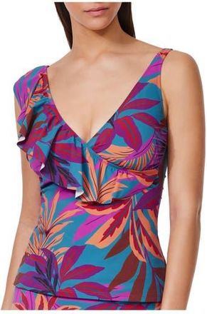 Gottex Plantopia Ruffle V Neck Surplice Tankini in Multi-Teal at Nordstrom, Size 12