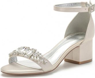Generic Wedding Shoes Bridal Block Heel Wedding Low Sandals Open Toe Bridal Heels Satin Prom Party Dress Pumps 5.5Cm,Champagne,10 UK
