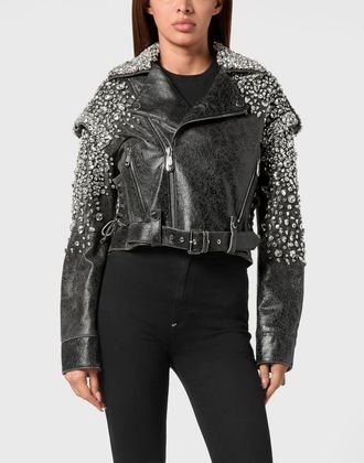 Philipp Plein Leather Cropped Biker Jacket Ls Strass Women in Black at Nordstrom, Size X-Small