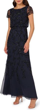 Adrianna Papell Blouson Beaded Gown in Navy Black at Nordstrom, Size 14