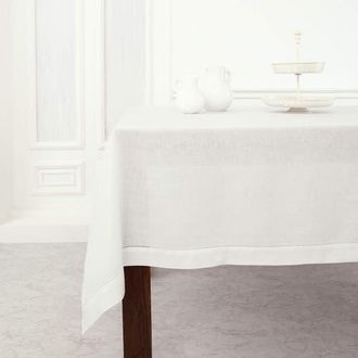 Solino Home Linen Tablecloth for Dining Table, Holiday and Everyday Dining Table Decor - Classic Hemstitch in White at Nordstrom, Size Xx-Large