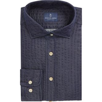 Emanuel Berg Crinkle Stripe Cotton Denim Button-Up Shirt in Navy at Nordstrom, Size 40
