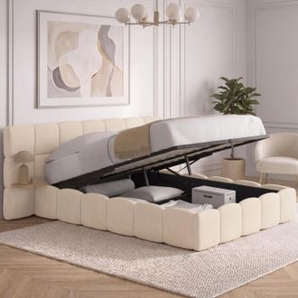 IDMarket Cama De Matrimonio Nuage Con Cabecero Acolchado + Mesillas Integradas Y Somier De Terciopelo Beige De 140 X 190 Cm