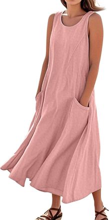 Generic Womens Dresses Size 16 Summer Cotton Linen Solid Color Crew Neck Sleeveless Dresses Tunic Tank Dress with Pockets Dress for Wedding Guest (Pink, M)