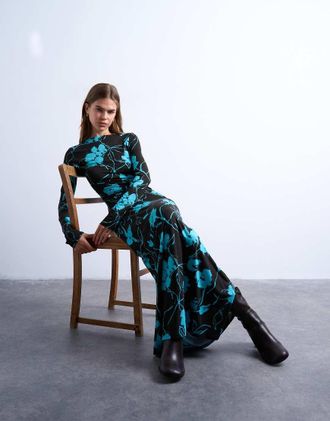 Topshop Vestito lungo a maniche lunghe color cioccolato a fiori con scollo a barchetta-Marrone