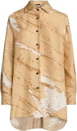 Kiton Zijden satijnen shirt met abstract patroon - Dames - Overhemden - Beige - XS - Satijn - Overhemden