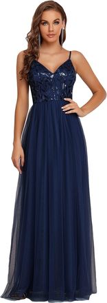 Ever-pretty Womens Adjustable Spaghetti Straps V Neck Empire Waist S equinsTulle A Line Floor Length Formal Party Dresses Navy Blue 20UK