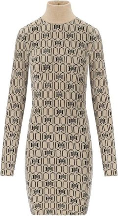 Elisabetta Franchi Champagne Monogram Gebreide Mini Jurk - Dames - Kleedjes - Beige - S - Polyester - Kleedjes