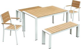 Vente-Unique Comedor de jard&iacute;n de aluminio: mesa L.150 cm, 2 sillones y 2 bancos - Natural claro y blanco - NYROS de MYLIA