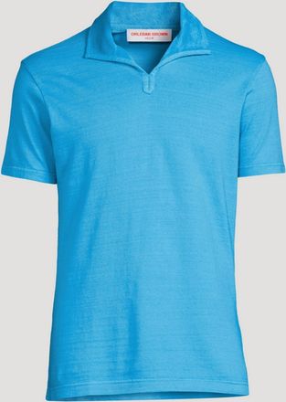 Orlebar Brown Mens Albert Garment Dyed Towelling Trim Polo Shirt - Plus In Cerulean