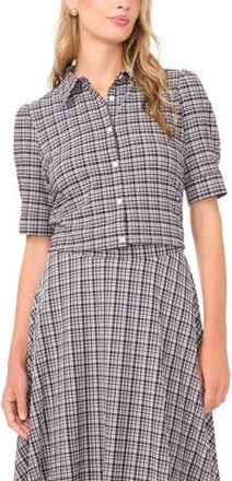 Vince Camuto Plaid Puff Sleeve Button-Up Top in Rich Black at Nordstrom Rack, Size Xx-Large