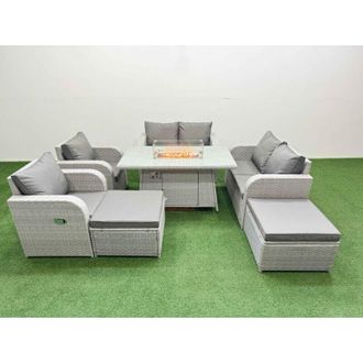 Fimous 8 Seater Outdoor Reclining Chair Love Sofa Set Rattan Garden Furniture Set with Firepit Dining Table 2 Big FootStools 2 Side Table Light Grey - Fimous