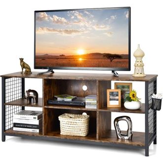 Costway Costway - Mobile tv Industriale Fino a 65, Tavolo Multimediale a 3 Ripiani con Cesto Portaoggetti, Mobile tv in Legno con 2 Fori per La Gestione dei