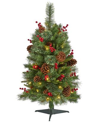 Nearly Natural 3Ft. Norway Mixed Pine Artificial Christmas Tree With 50 Clear Led Lights, Pine Cones And Berries